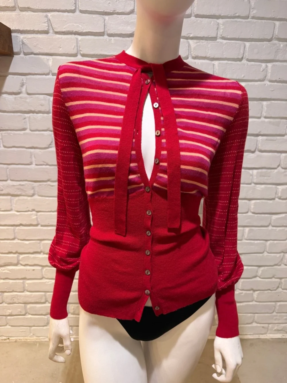 Free People Red Stripe Tie Neck Sweater S NWOT Boho Knit Blouse - Picture 7 of 14